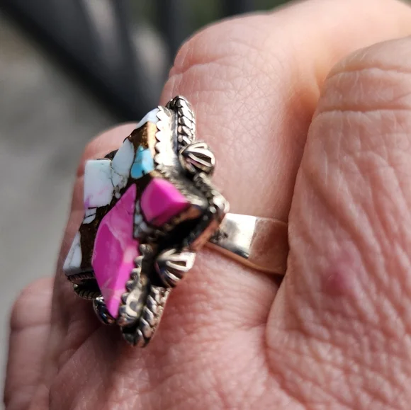 Handmade Sterling Silver 925 Cotton Candy Turquoise Star Ring Adjustable Size - Picture 3 of 8